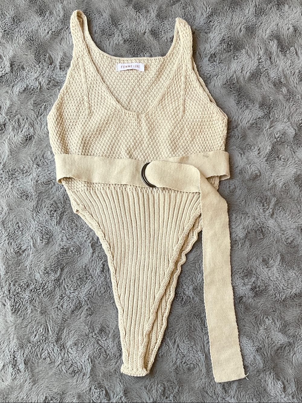 Femme Luxe Cream Knit One-Piece Swimsuit with Belt